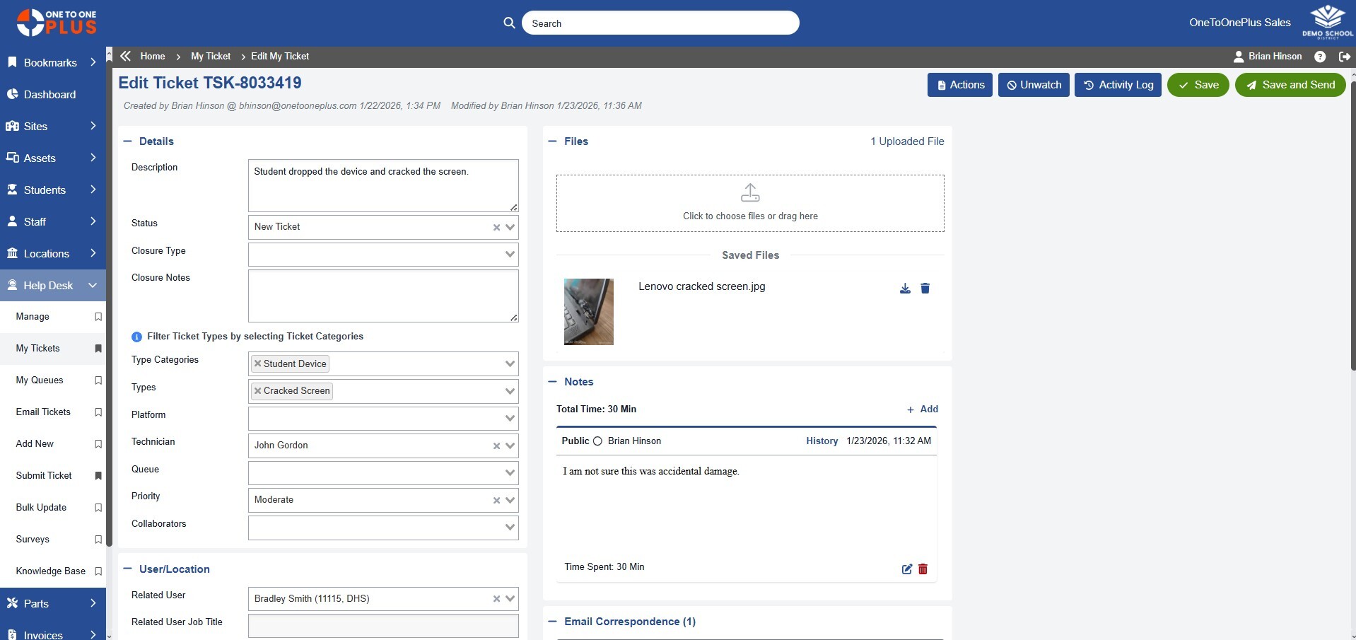 Mobile views for asset assignment and ticketing